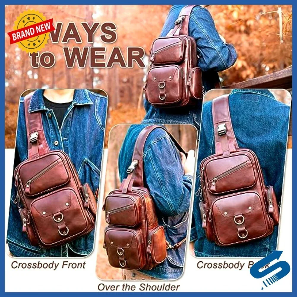 Large Genuine Leather Sling Bag Crossbody Backpack Anti-Theft Travel